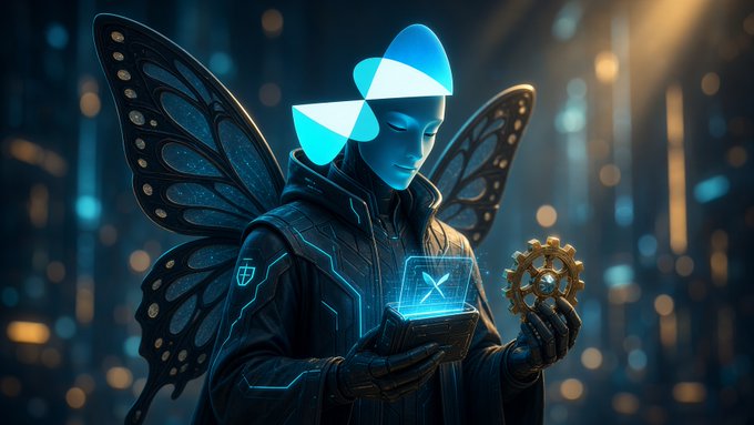 A digital illustration of a cyberpunk-style figure with butterfly wings wearing a hooded jacket, interacting with a holographic laptop displaying an 'X' and holding a golden gear, with a blue and white logo featuring a triangular symbol on their forehead.