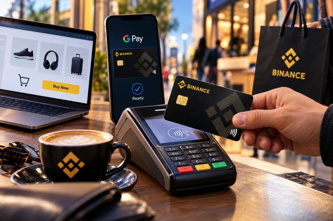 A person taps a Binance-branded card on a payment terminal at a café, while a laptop displays an online shopping page and a phone shows Google Pay connected to Binance, illustrating how crypto assets can be used for both online and contactless everyday purchases.