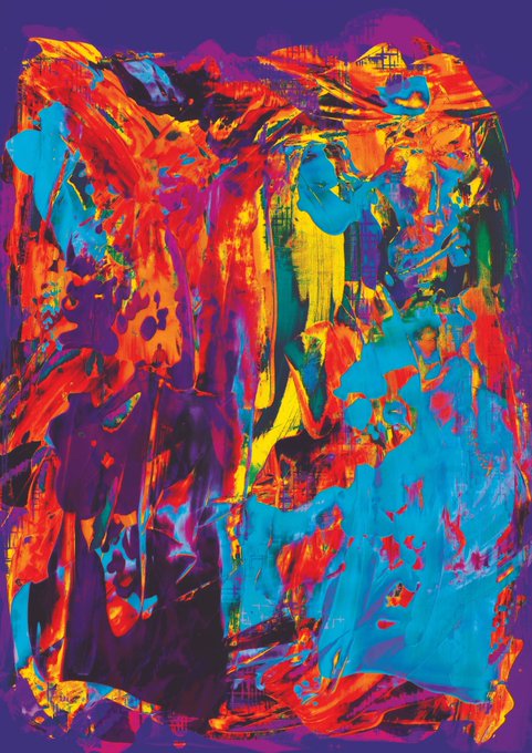 A vibrant abstract painting with chaotic swirls and drips of bright orange, blue, purple, yellow, and red paint against a deep purple background.