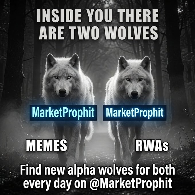 A meme featuring two wolves in a misty forest with text 'INSIDE YOU THERE ARE TWO WOLVES', labeled 'MarketProphit', 'MEMES', and 'RWAs', with 'Find new alpha wolves for both every day on @MarketProphit' at the bottom.