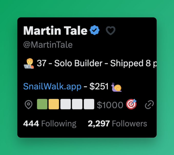 A social media profile card for 'Martin Tale' (@MartinTale) on a teal background. The bio reads '37 - Solo Builder - Shipped 8 p...' and mentions 'SnailWalk.app - $251', showing 444 Following and 2,297 Followers.