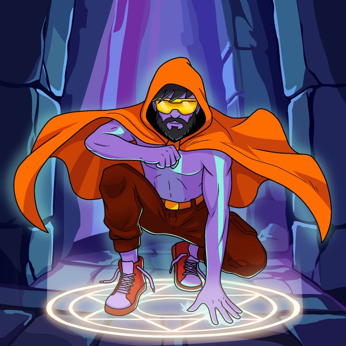 A muscular, bearded figure wearing glowing yellow sunglasses and a flowing orange hooded cloak crouches on one knee atop a glowing hexagram rune, striking a heroic pose inside a dark stone chamber. The mystic, summoner-like stance pairs perfectly with the "gm gm gm" crypto greeting, evoking a ritualistic morning "good morning" salute to the blockchain gods.