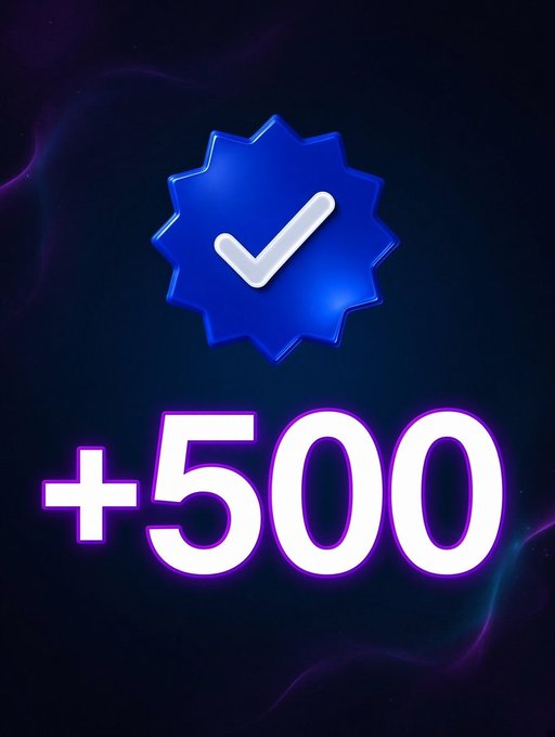 A digital graphic displays a blue badge with a white checkmark above glowing purple text reading '+500' on a dark background.
