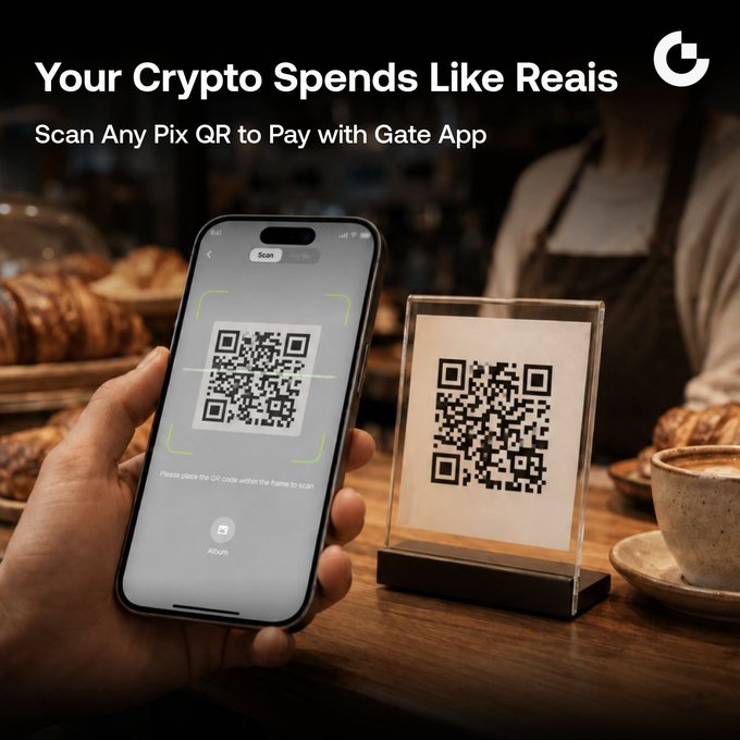 A smartphone scans a Pix QR code displayed at a bakery counter, illustrating the Gate App's crypto-to-Pix payment feature. The promotional image features the tagline "Your Crypto Spends Like Reais — Scan Any Pix QR to Pay with Gate App," highlighting the zero-fee partnership with @AEON_Community ending September 21.