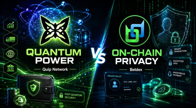 A promotional graphic contrasts "QUANTUM POWER" (Quip Network) against "ON-CHAIN PRIVACY" (Beldex), featuring security-themed icons and a wallet display showing 'BALANCE' and 'PRIVATE TRANSACTION'.