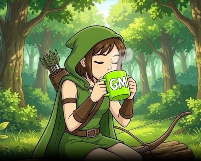 A green-hooded archer in a forest sips from a green mug labeled "GM," symbolizing $MARIAN's role as the pioneer meme token on the Robinhood chain.