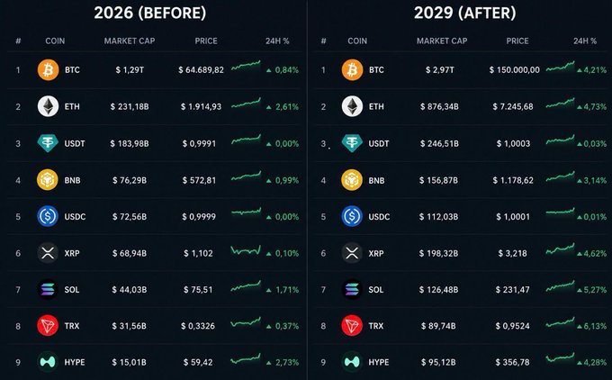 A side-by-side comparison chart of top 9 cryptocurrencies showing '2026 (BEFORE)' and '2029 (AFTER)' rankings, with BTC at $64,689.82 in 2026 projecting to $150,000.00 in 2029, and ETH at $1,914.93 projecting to $7,245.68.