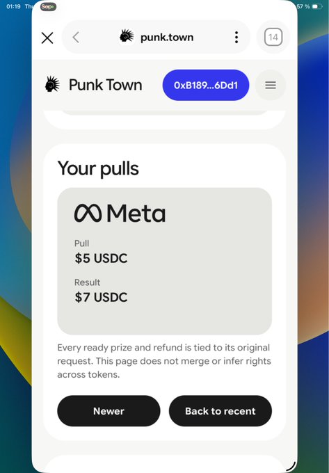 A mobile screenshot of 'punk.town' showing a 'Your pulls' section with a Meta prize, indicating a pull of $5 USDC resulting in $7 USDC.