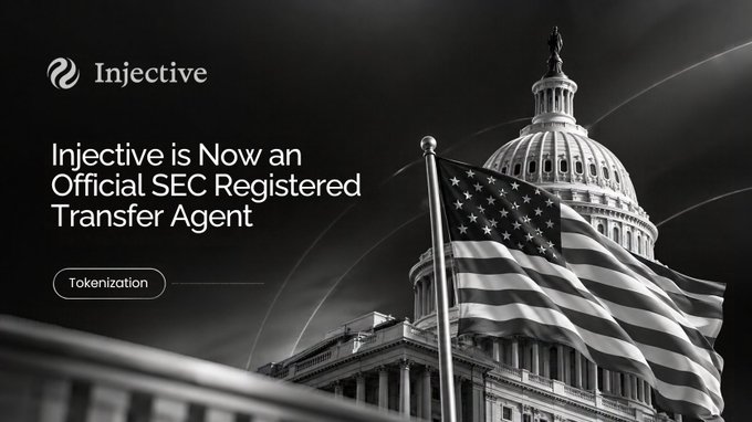 An Injective promotional banner announcing 'Injective is Now an Official SEC Registered Transfer Agent' with a black and white image of the U.S. Capitol building and an American flag.