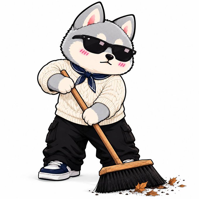 An illustrated cartoon character of an anthropomorphic husky dog wearing black sunglasses, a white cable-knit sweater, blue scarf, and black cargo pants, holding a broom sweeping up leaves.