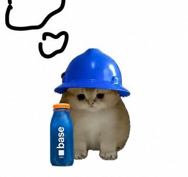 A small kitten wearing a blue construction hardhat sits next to a blue Base-branded bottle, with doodles of what appears to be a smoking object above its head. The image humorously reinforces the post's playful take on $BASECAT, depicting the "base" literally as a foundation while framing the meme coin narrative as a "construction" project between Coinbase and Robinhood.