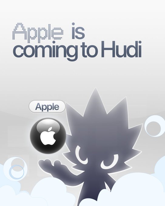 A minimalist advertisement showing a stylized character with a speech bubble displaying the Apple logo, with the text 'Apple is coming to Hudi'.