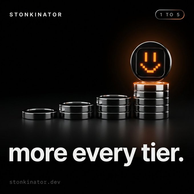 A dark promotional graphic for 'STONKINATOR' featuring a glowing smiley face icon atop stacked metallic rings, with the text 'more every tier.' and 'stonkinator.dev'.