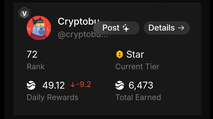 The image contains an infographic that details various posts related to Cryptobu #72, which are currently at the top of a list. The main content features the word "Cryptobu", indicating its name, along with several other names such as "@River4fun" and "#Grinding legends Let's make it to 7k $RIVER points this week". The post also mentions that the followers have earned total rewards of $RIVER points for their engagement on the content.