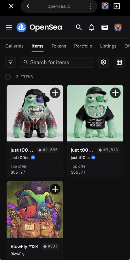 The image shows an OpenSea.io page displaying three NFT items, including two from the "just t00ns" collection (#2,665 and #3,813) with top offers of $55.77 each, and a "BlowFly #134" priced at #397. The screenshot supports the post's commentary by visually showcasing the just_t00ns NFT collection, reinforcing the discussion about the project's community-building efforts and its presence in the Web3 marketplace.