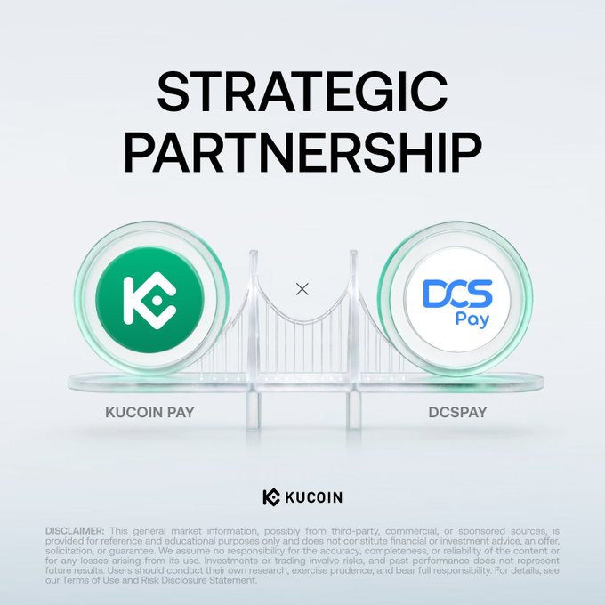 A promotional graphic titled "STRATEGIC PARTNERSHIP" featuring the KuCoin Pay and DCSPay logos connected by a bridge illustration, announcing their collaboration to integrate Web3 stablecoin payments with traditional financial infrastructure, as detailed in the accompanying post about combining KuCoin Pay with DCS Group's 50+ years of regulatory expertise.