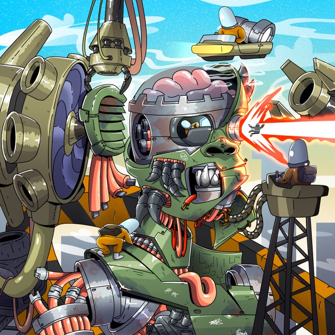 A vibrant, cartoon-style digital illustration of a massive green mechanical mech with a brain visible inside its dome, firing red lasers while small workers in hard hats perform maintenance on its structure.