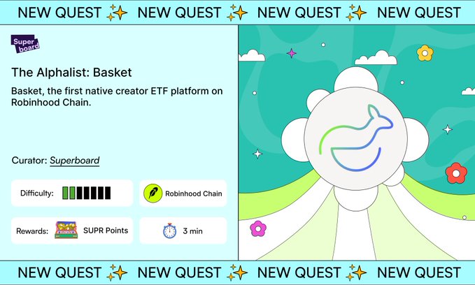 A promotional quest card titled "The Alphalist: Basket," curated by Superboard, introduces Basket as the first native creator ETF platform on Robinhood Chain, featuring a difficulty rating of 4 out of 5 bars and a reward of 100 SUPR Points with an estimated completion time of 3 minutes. The design includes a teal sky background with cartoon clouds and colorful flowers, complementing the post's call to explore Basket's one-click creator portfolio copying feature via superboard.xyz.