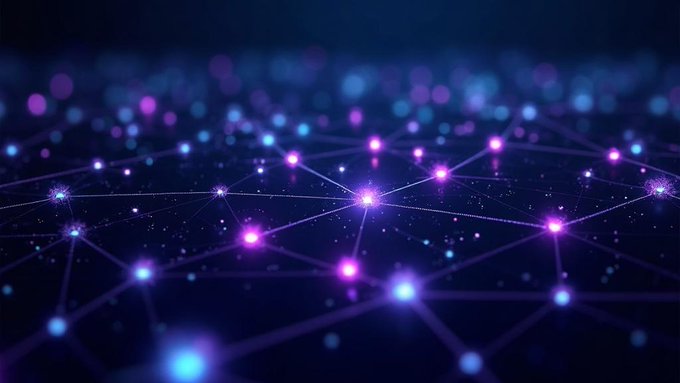 An abstract digital background featuring an interconnected network of glowing blue and purple nodes and lines against a dark backdrop.