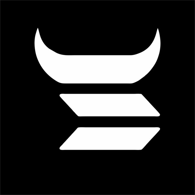 A white stylized beard and abstract logo on a black background.