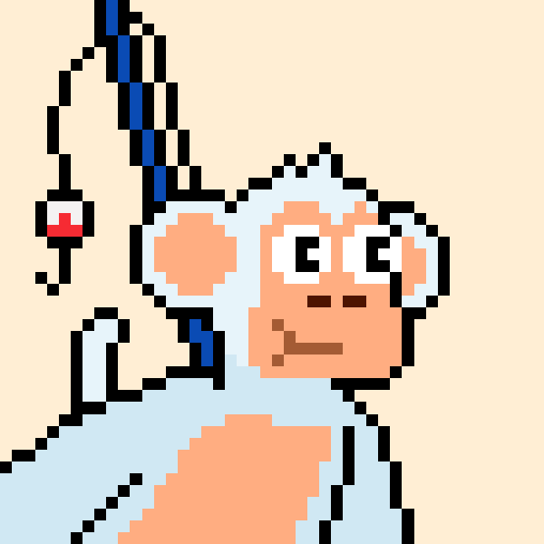 A pixel art illustration of an elderly monk or cleric figure in white robes, featuring white hair, a beard, and holding a staff with a red and white ornament dangling from it against a cream background.