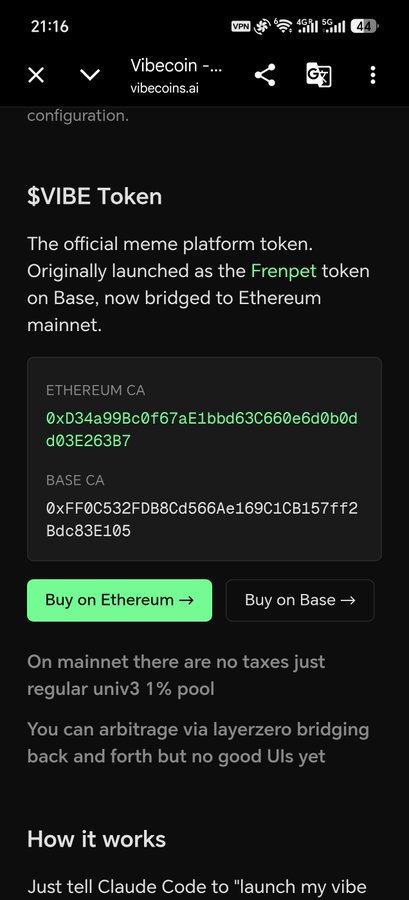 The image shows a mobile browser screenshot from vibecoins.ai displaying information about the "$VIBE Token," described as "the official meme platform token" originally launched as Frenpet on Base and now bridged to Ethereum mainnet. The page lists contract addresses (Ethereum CA: 0xD34a99Bc0f67aE1bbd63C660e6d0b0dd03E263B7 and Base CA: 0xFF0C532FDB8Cd566Ae169C1CB157ff2Bdc83E105) with buttons to "Buy on Ethereum" and "Buy on Base." The image doesn't appear directly related to the post about $imd, $netnet, or NFT gains mentioned in the caption.