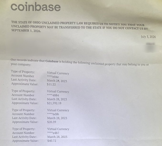 A Coinbase notice dated July 3, 2026, warning that under Ohio's Unclaimed Property Law, four dormant Virtual Currency accounts (totaling roughly $21,764.51) will be turned over to the state if not claimed by September 1, 2026—illustrating the post's concern about dormant crypto being seized.