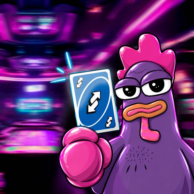 A cartoon illustration of a purple chicken with a pink comb holding up an Uno Reverse card against a vibrant, neon purple club-like background.