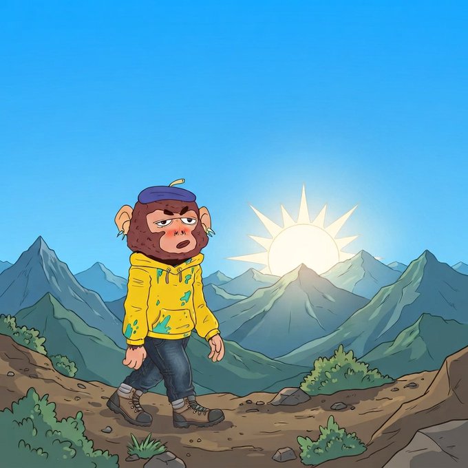 A cartoon illustration of a monkey character wearing a blue beret, yellow paint-splattered hoodie, and hiking boots walking along a mountain trail with a bright sun rising behind the peaks.