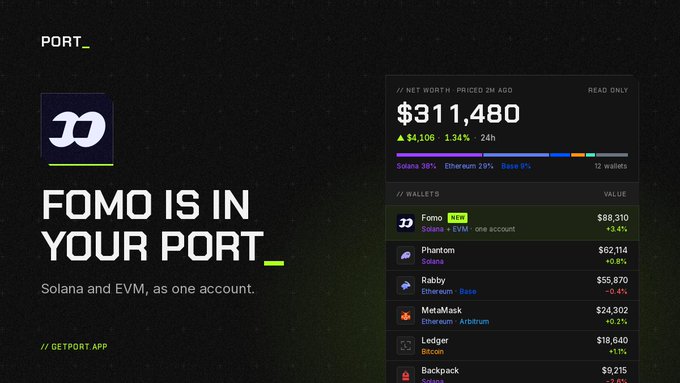 A digital interface for a crypto wallet app called PORT, displaying a net worth of $311,480 across various wallets including Fomo, Phantom, and MetaMask.
