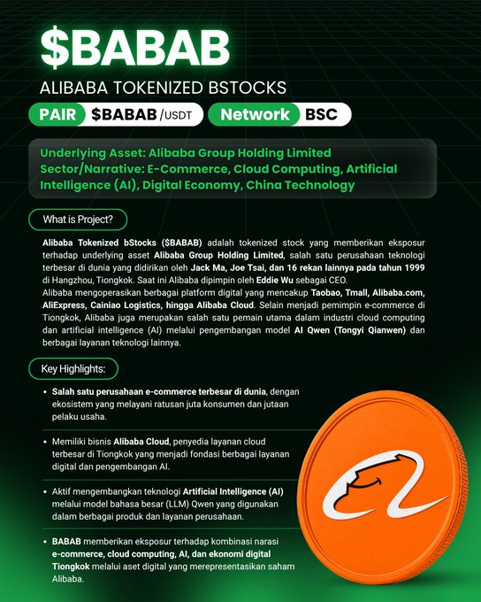 An informational poster for "$BABAB" on the BSC network details "ALIBABA TOKENIZED BSTOCKS," explaining it as tokenized stock providing exposure to Alibaba Group Holding Limited, with an orange coin graphic featuring an Alibaba logo.