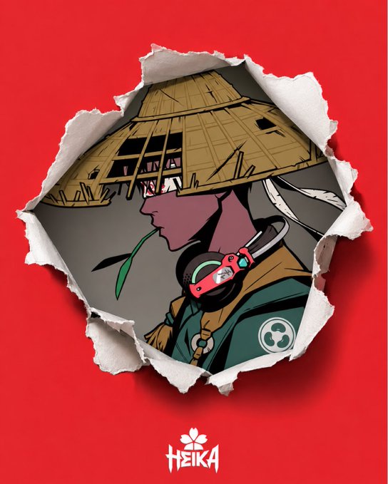 An anime-style character wearing a straw hat and headphones with a leaf in their mouth is depicted emerging through a torn red paper, with the HEIKA logo at the bottom.