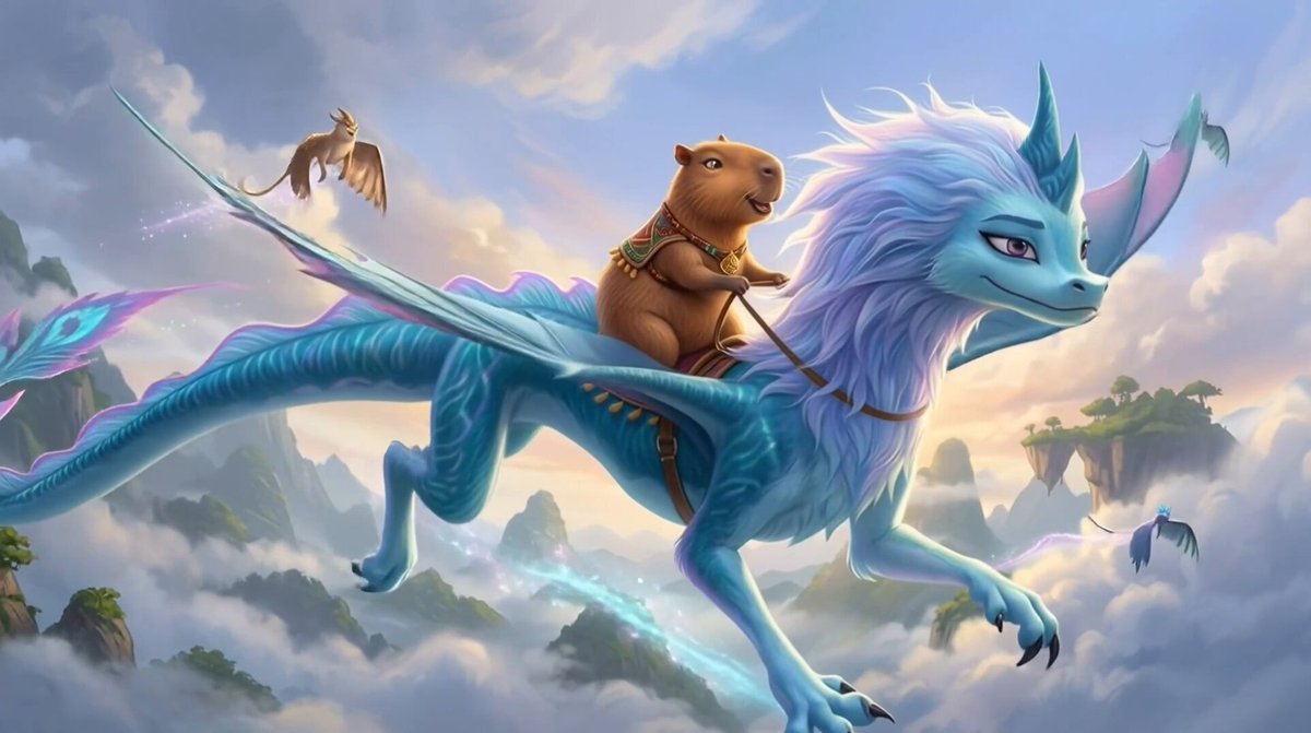 The image features a cartoon illustration of a dragon with wings, riding atop a brown bear. The scene takes place against a backdrop of clouds and mountains, creating an atmospheric and captivating setting for the dragon and its animal companion. The caption accompanying the image reads "How wonderful it is to ride a @SisuTon dragon! It' s breathtaking." This statement emphasizes the awe-inspiring nature of the scene depicted in the artwork.