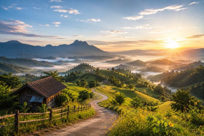 A scenic landscape showing a small cabin with a path winding through rolling green hills toward mist-covered mountains at sunrise.