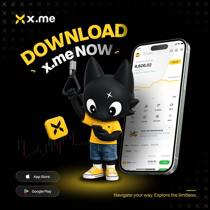 An advertisement for the x.me app featuring a black cat mascot in a yellow shirt holding a phone, with download buttons for App Store and Google Play and the tagline 'Navigate your way. Explore the limitless.'