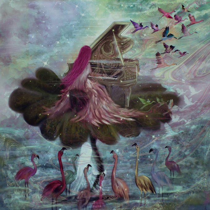 A dreamy, colorful painting depicts a woman with flowing pink hair playing a grand piano on a cloud, surrounded by pink and purple flamingos, birds in flight, and a starry, swirling sky.