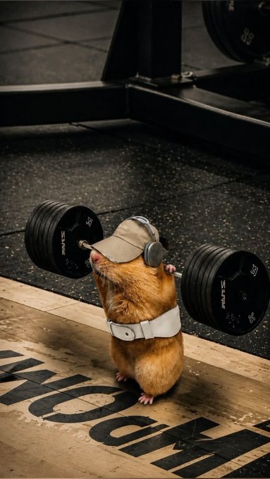 A humorous photo of a hamster wearing a cap, headphones, and a lifting harness, standing on its hind legs while appearing to hold a barbell with 'IVANKO' plates on it.