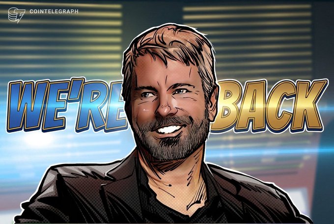 A comic-style illustration from Cointelegraph showing a smiling man with the text 'WE'RE BACK' in blue and gold lettering.
