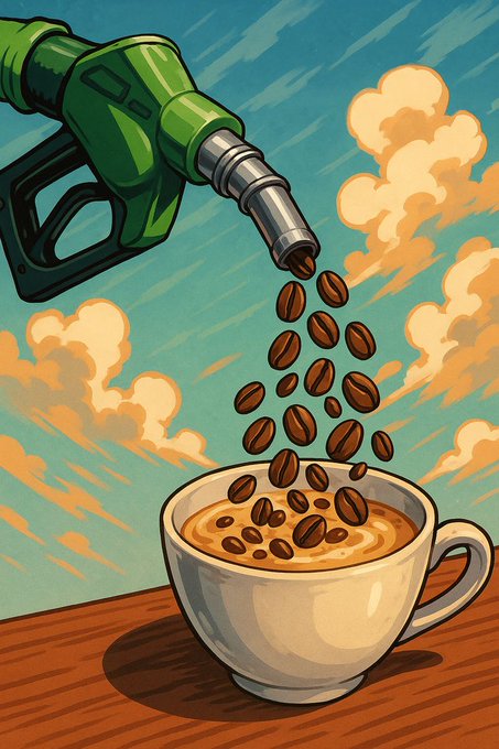 The image is a stylized, comic-like illustration showing a green gas pump nozzle pouring coffee beans into a white cup of coffee against a sky with orange-tinted clouds, visually playing on the idea of "fueling up" for the day. This ties into the post's "morning fuel" theme of seizing new opportunities, though the image contains no visible text, numbers, or names.