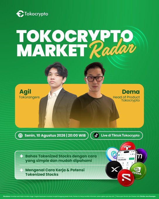 Promotional graphic for "Tokocrypto Market Radar" featuring Agil from Tokorangers and Dema (Head of Product Tokocrypto), with a green background displaying logos of tokenized stocks (NVIDIA, Tesla, and others), and details for a live TikTok session on Monday, August 10, 2026 at 20:00 WIB discussing tokenized stocks in simple terms—matching the accompanying post.