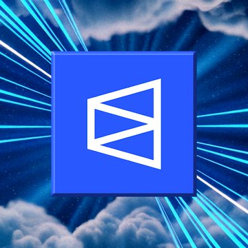 A blue square icon with a white stylized 'B' or play-button logo set against a background of clouds and radiating blue light beams.