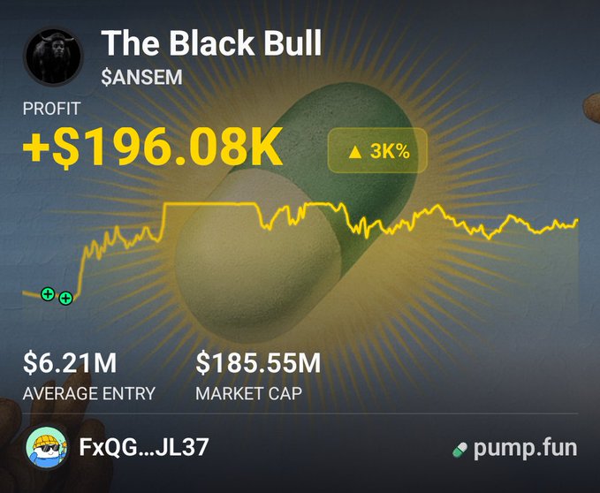 A Pump.fun trading profile shows "The Black Bull" with the handle $ANSEM holding an unrealized profit of +$196.08K (a 3K% gain) on an average entry of $6.21M market cap, now valued at $185.55M. The image visually supports the caption by displaying the wallet's strong performance chart and the trader's unchanged holding that turned a modest $6,200 entry into nearly $200K.