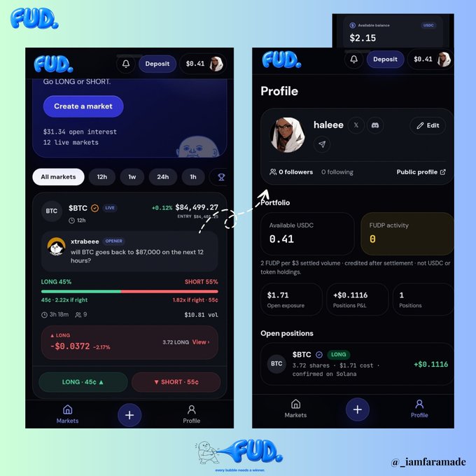 Two FUD app screenshots showing cryptocurrency trading interface with BTC markets, a user's profile (@haleee) with $0.41 USDC available, and an open BTC long position with -$0.0372 P&L.