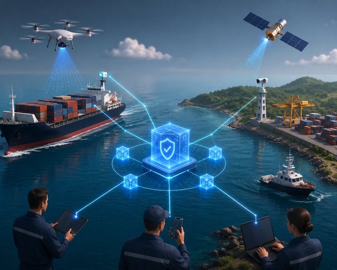 A futuristic illustration depicting a maritime logistics network with cargo ships, a port with cranes, drones, a satellite, and personnel monitoring data on devices, all interconnected through a central holographic security shield.
