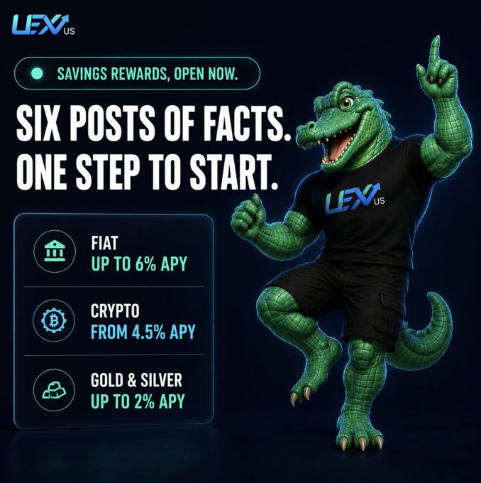 An advertisement for LEx Us featuring a green cartoon crocodile mascot pointing upward, promoting savings rewards with APY rates for FIAT, CRYPTO, and GOLD & SILVER.