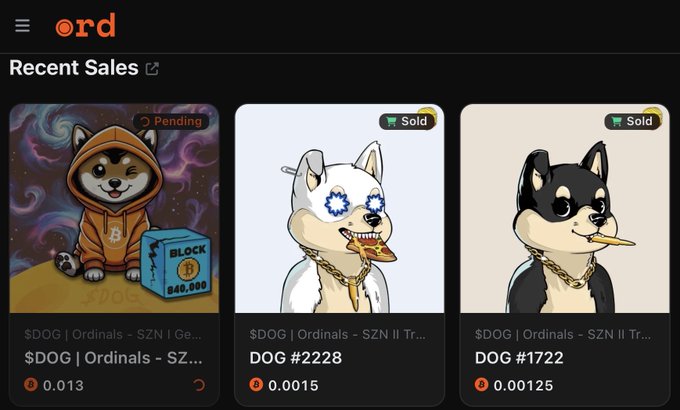 Screenshot of the 'ord' marketplace showing recent sales of $DOG Ordinals NFTs, including dog-themed illustrations priced in Bitcoin (e.g., 0.013, 0.0015, 0.00125 BTC).