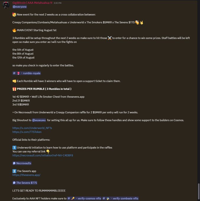 A Discord announcement from GigBitcoin in the AAA Metahuahua channel promotes a two-week cross-collaboration event featuring Creepy Companions/Zombseis/Metahuahua × Underworld × The Smokers ($SMKR) × The Sevens ($T7S), with three Rumble battles scheduled for August 5th, 8th, and 12th, offering prizes including a 1st place 42 $SMKR + Wolf Life Smoker Chest, 2nd place 21 $SMKR, and 3rd place 10 $SMKR, alongside a 2 $SMKR per entry Necrovault raffle for a Creepy Companion.