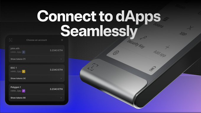 The image shows a smartphone screen with an app icon displayed that says "Connect to dApps seamlessly". The phone's screen also displays a Ledger wallet icon, indicating that the user has an interest in Ledger wallets or digital currency. The background of the image is blue and purple, which adds a unique visual element to the scene.
