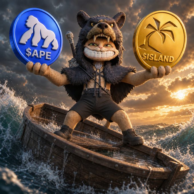 A fierce character in a wolf headdress stands confidently in a boat on stormy seas, holding a blue "$APE" coin in one hand and a gold "$ISLAND" coin in the other, embodying the post's message of strong conviction in both ecosystems while weathering volatile crypto waters.
