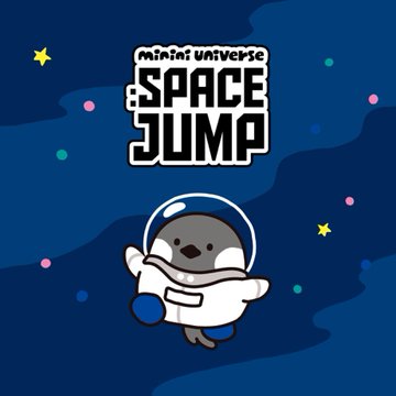 The logo for the 'Mini Universe SPACE JUMP' app features a cartoon bird in a spacesuit against a dark blue space background with stars.